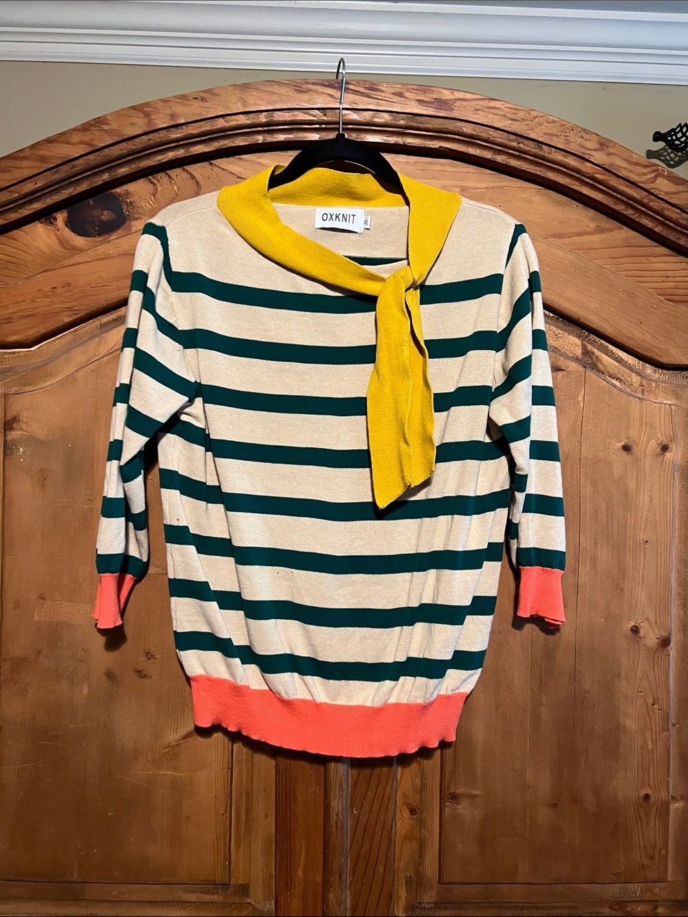 Oxknit Striped Cream & Green Sweater with Yellow Tie and Coral Trim